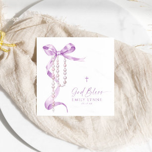 Elegant Lavender Bow & Rosary Baptism Napkin