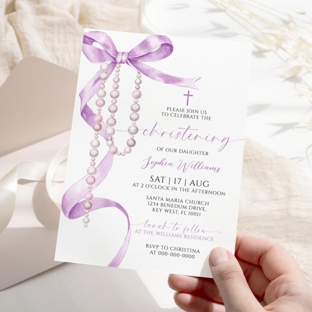 Elegant Lavender Bow & Rosary Christening Invitation (Creator Uploaded)