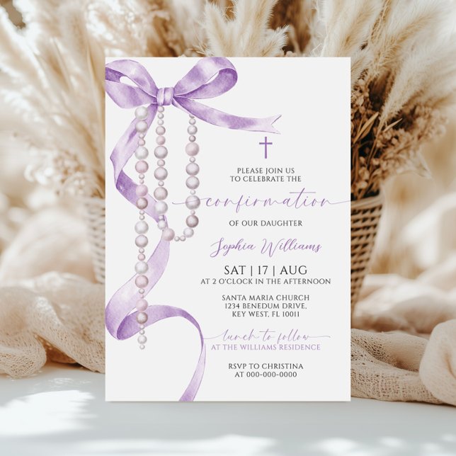 Elegant Lavender Bow & Rosary Confirmation Invitation (Creator Uploaded)