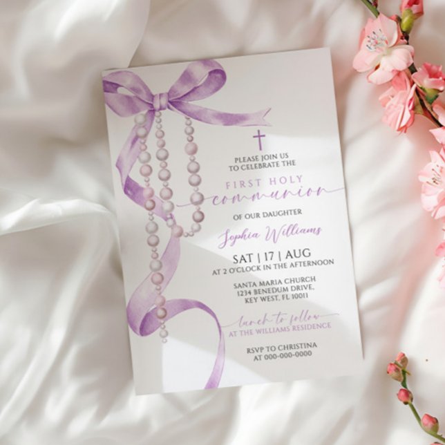 Elegant Lavender Bow & Rosary First Holy Communion Invitation (Creator Uploaded)
