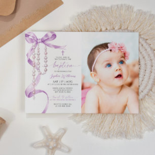 Elegant Lavender Bow & Rosary Photo Baptism Invitation