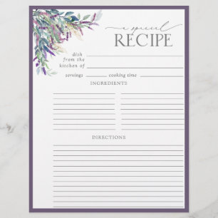 Elegant Lavender Bridal Shower Recipe Binder Page