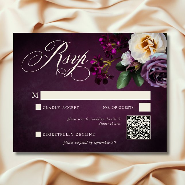 Elegant Lavender & Burgundy Floral Script Wedding RSVP Card (Elegant Lavender & Burgundy Floral Script Wedding QR Code RSVP)