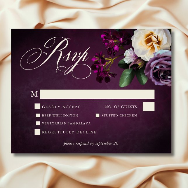 Elegant Lavender & Burgundy Floral Script Wedding RSVP Card (Elegant Lavender & Burgundy Floral Script Wedding Dinner RSVP)