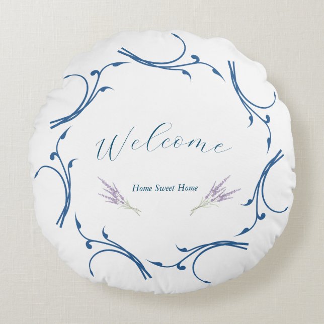 Elegant Lavender & Dusty Blue Circle style Welcome Round Cushion (Front)