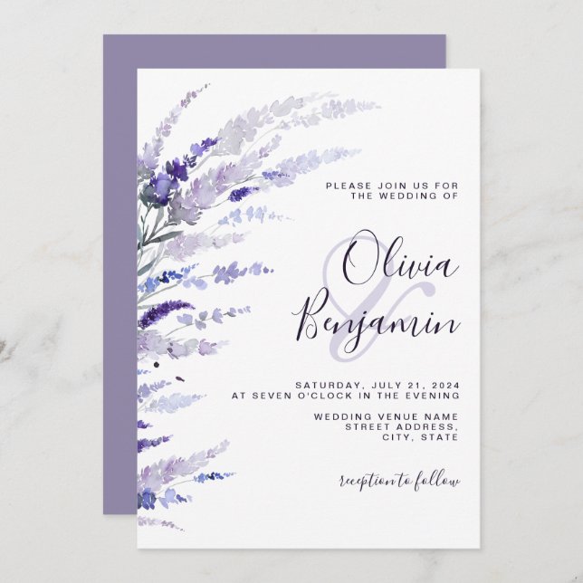 Elegant Lavender Dusty Purple Wildflowers Wedding Invitation (Front/Back)