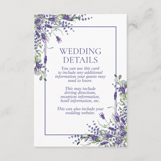 Elegant Lavender Eucalyptus Botanical Details Enclosure Card (Front)