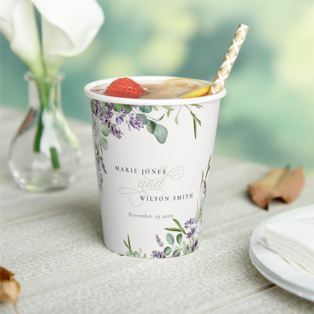 Elegant Lavender Eucalyptus Leafy Foliage Wedding Paper Cups (Insitu)