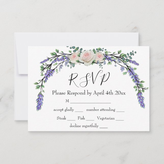 Elegant Lavender Eucalyptus pink white roses rsvp  Card (Front)