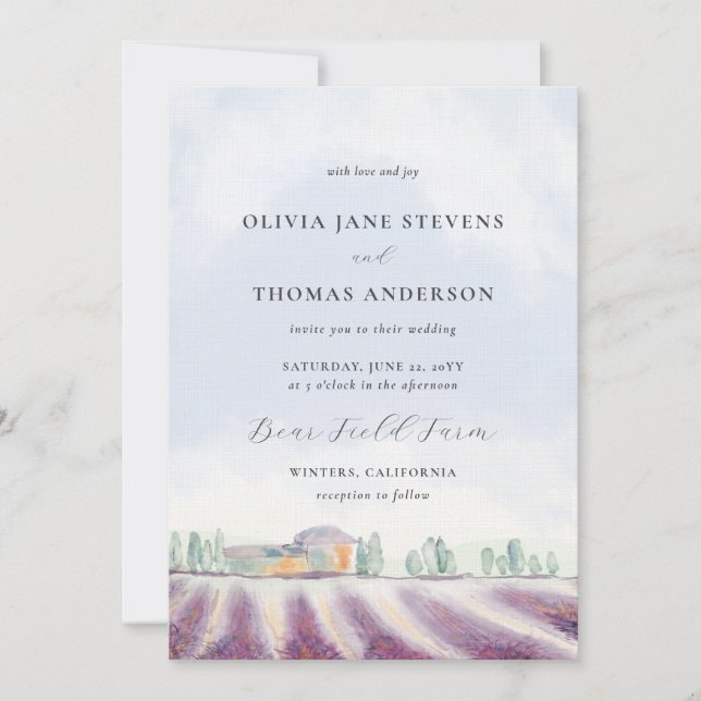 Elegant Lavender Field Watercolor Purple Wedding Invitation (Front)