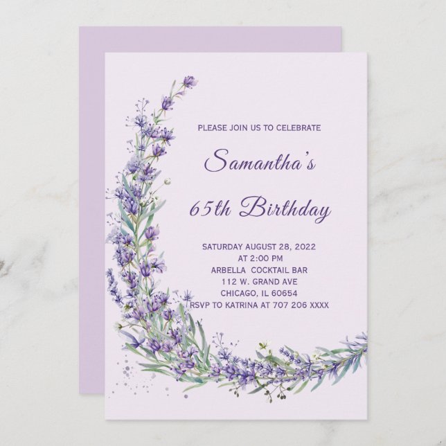 Elegant Lavender Floral 65th Birthday  Invitation (Front/Back)