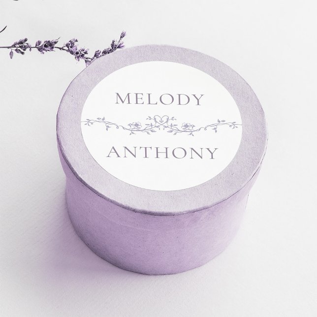 Elegant Lavender Floral Border Monograms Classic Round Sticker (Creator Uploaded)