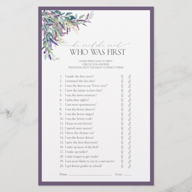 Elegant Lavender Floral Bridal Shower Game (Front)