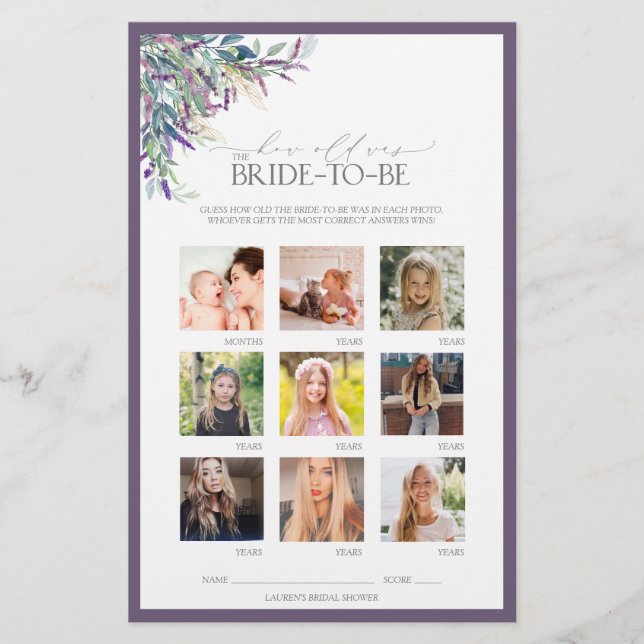 Elegant Lavender Floral Bridal Shower Game (Front)