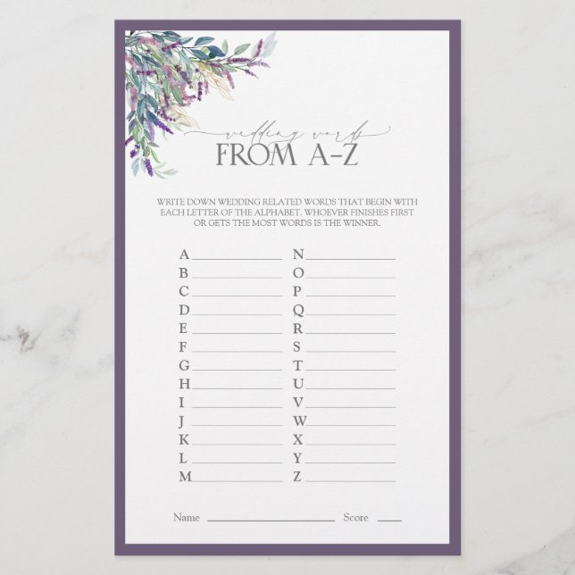 Elegant Lavender Floral Bridal Shower Game (Front)