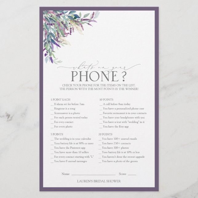 Elegant Lavender Floral Bridal Shower Game (Front)