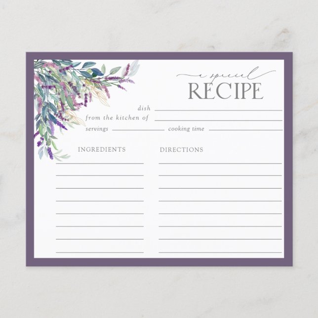Elegant Lavender Floral Bridal Shower Recipe Card (Front)