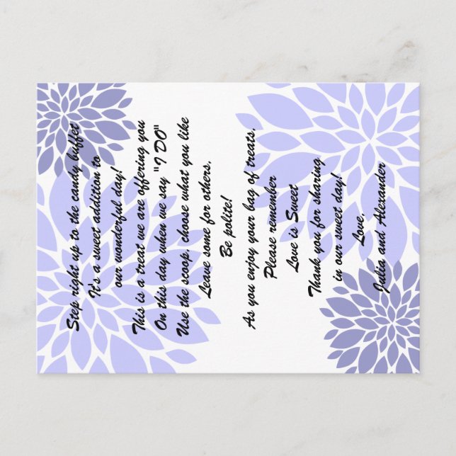 Elegant Lavender Floral Burst Candy Buffet Cards (Front)