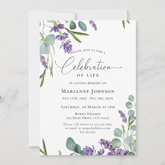 Elegant Lavender Floral Celebration of Life Invitation (Front)