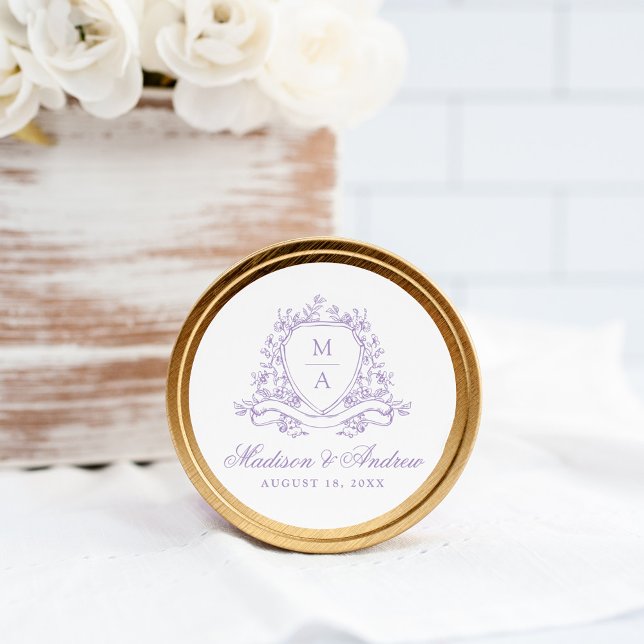 Elegant Lavender Floral Crest Monogram Wedding Classic Round Sticker (Creator Uploaded)