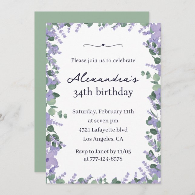 Elegant Lavender Floral Frame 34th birthday Invitation (Front/Back)