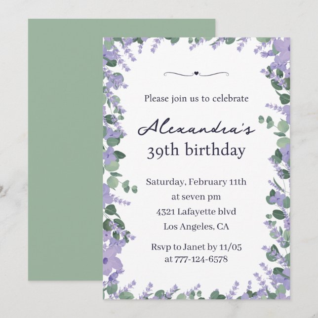 Elegant Lavender Floral Frame 39th birthday Invitation (Front/Back)