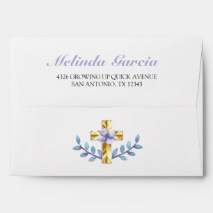 Elegant Lavender Floral Gold Cross Baby Baptism Envelope