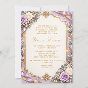 Elegant Lavender Floral Gold Frame Customisable In Invitation