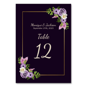Elegant Lavender Floral Gold Frame Purple Wedding Table Number
