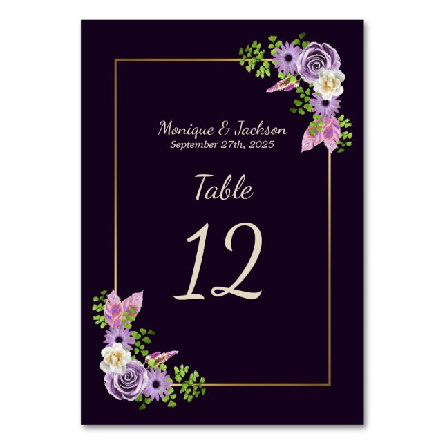 Elegant Lavender Floral Gold Frame Purple Wedding Table Number (Front)