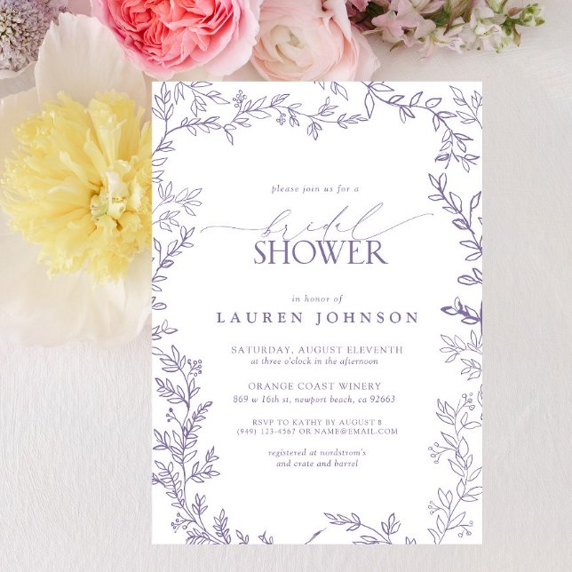 Elegant Lavender Floral Leaf Bridal Shower Invitation (Bridal Shower Invitation)
