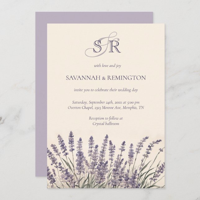 Elegant Lavender Floral Monogrammed Wedding Invitation (Front/Back)