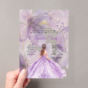 Elegant Lavender Floral Quinceañera Gold Acrylic Invitations