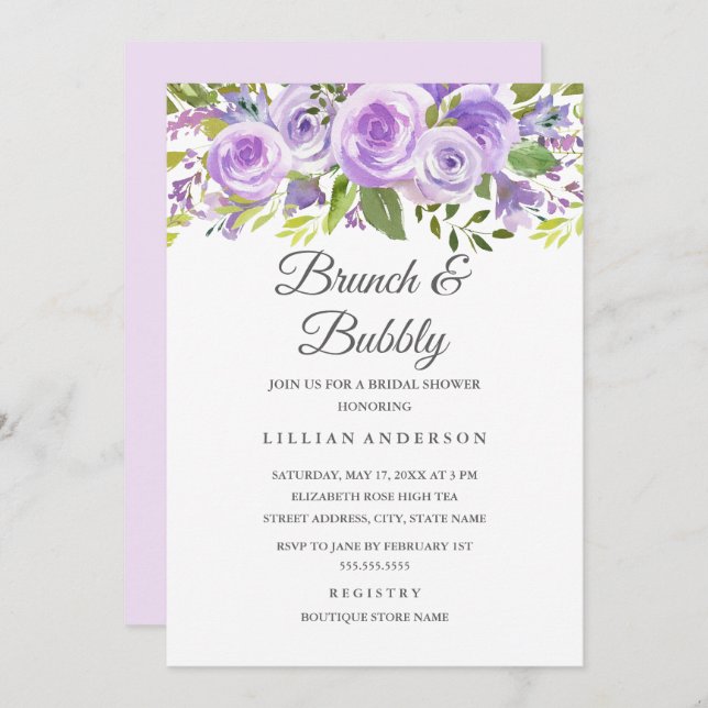 Elegant Lavender Floral Rose Brunch And Bubbly Invitation (Front/Back)