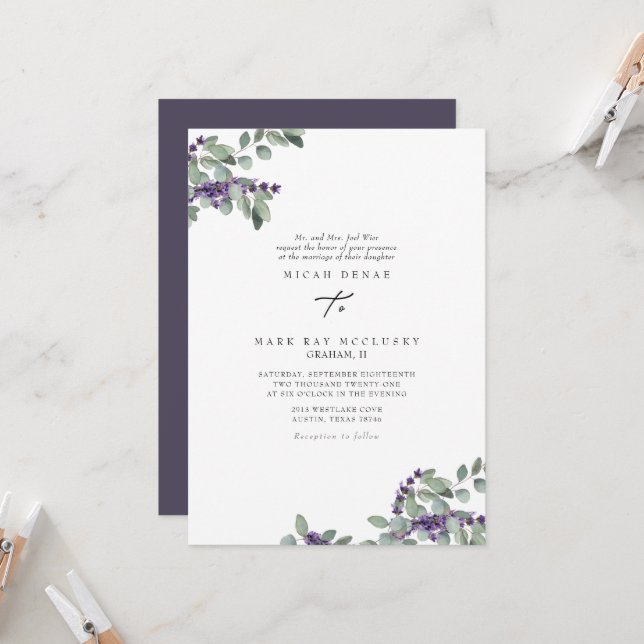 Elegant Lavender Floral Wedding Invitation (Front/Back In Situ)