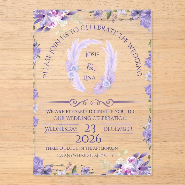 Elegant Lavender Floral Wedding Invitation (Front)