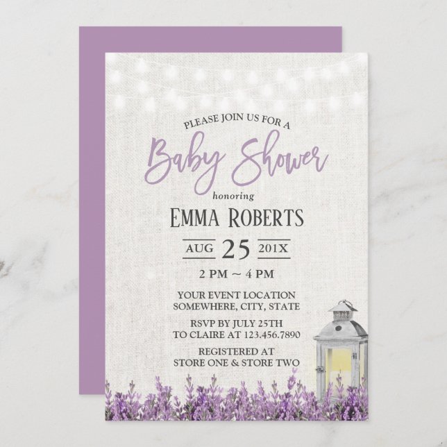 Elegant Lavender Floral White Lantern Baby Shower Invitation (Front/Back)