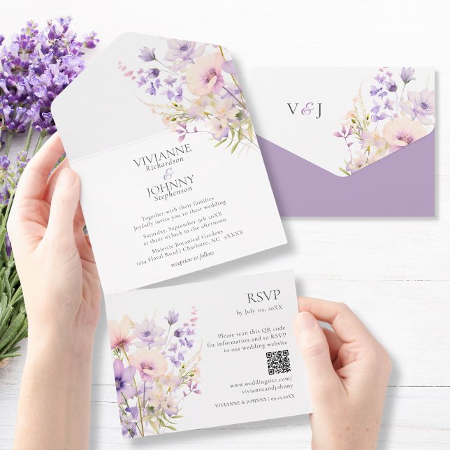 Elegant Lavender Floral Wildflowers QR RSVP  All In One Invitation (Elegant Lavender Floral Wildflowers QR RSVP All In One Invitation)