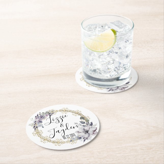 Elegant Lavender Floral Wreath Wedding Personalise Round Paper Coaster (Insitu)