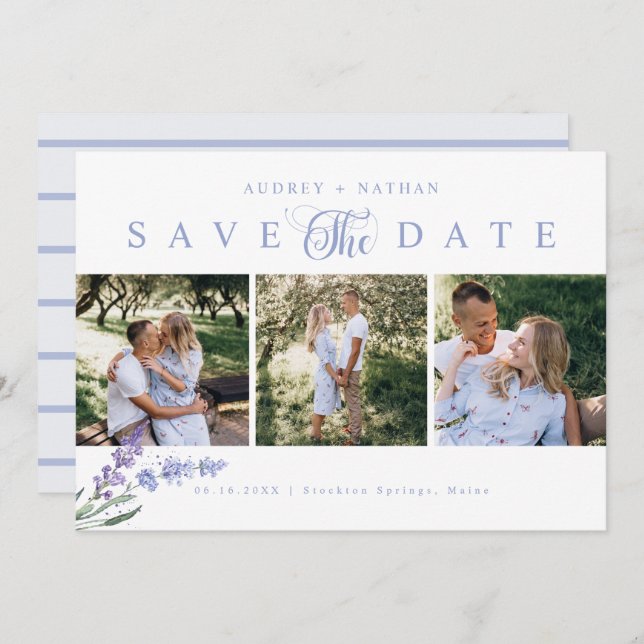 Elegant Lavender Flower 3 Photo QR Code Save The Date (Front/Back)