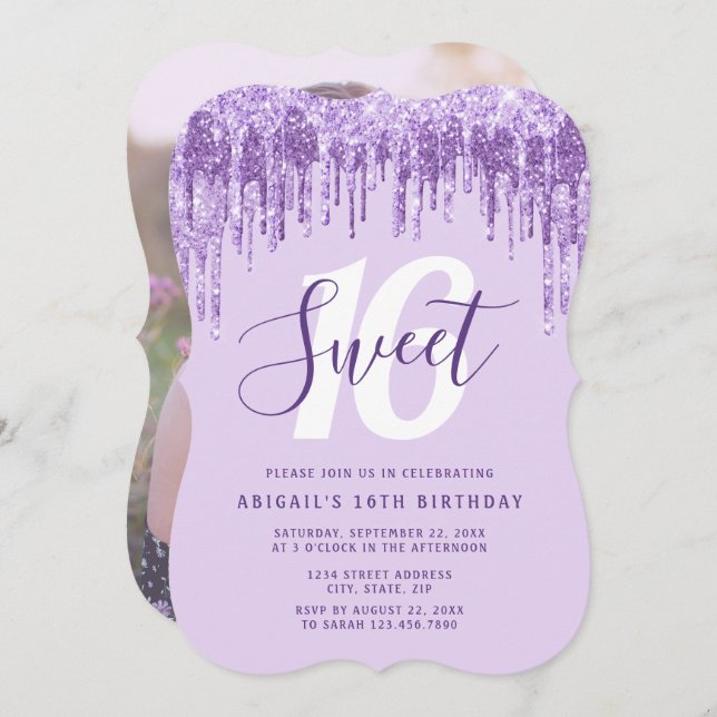 Elegant lavender glitter drips sweet sixteen invitation (Front/Back)