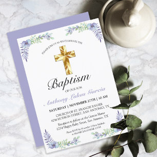Elegant Lavender Gold Cross Baby Baptism Invitation