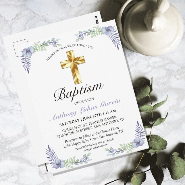 Elegant Lavender Gold Cross Baby Baptism Postcard (PRETTY PURPLE FLORAL GOLD CROSS BAPTISM INVITATION POSTCARD)