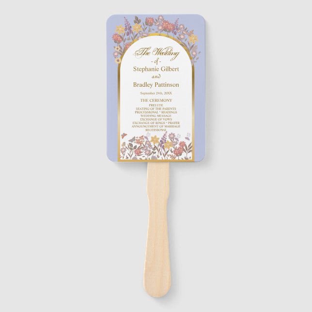 Elegant Lavender Gold Wildflower Wedding Program Hand Fan (Front)