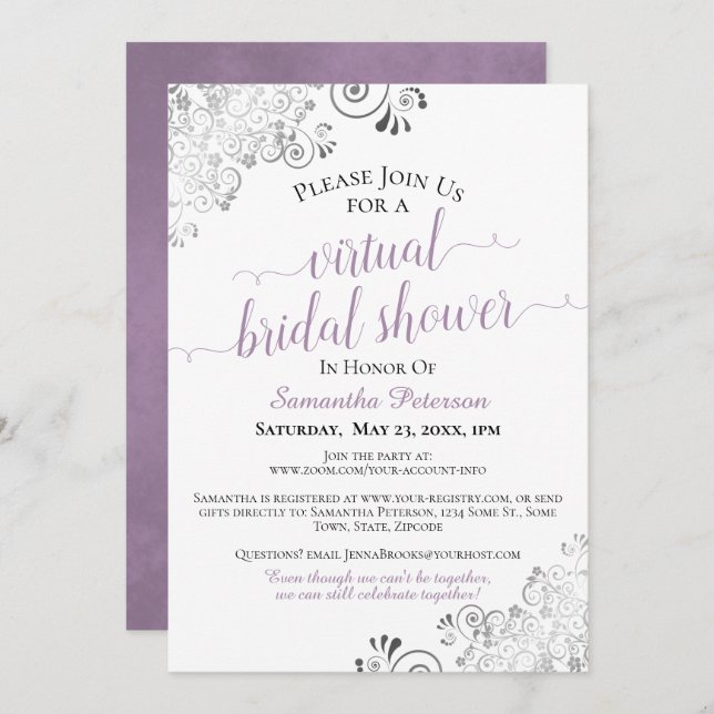 Elegant Lavender Grey White Virtual Bridal Shower Invitation (Front/Back)