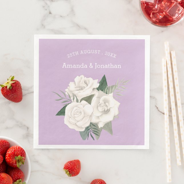 Elegant Lavender Haze and White Roses Wedding Napkin (Insitu)