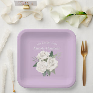Elegant Lavender Haze and White Roses Wedding Paper Plate