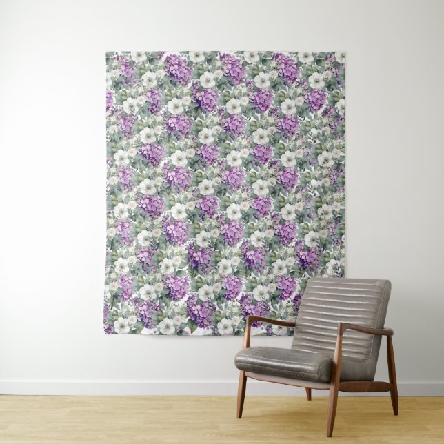 Elegant Lavender Hydrangeas & Eucalyptus Backdrop Tapestry (In Situ)