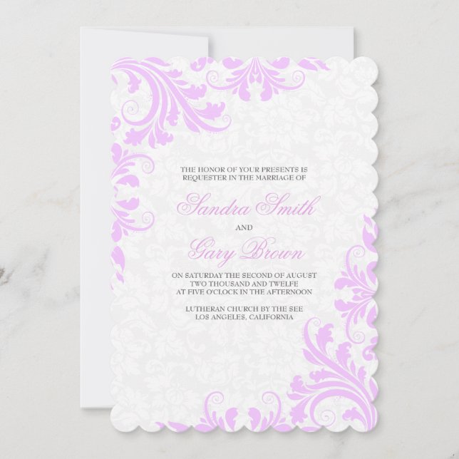 Elegant Lavender Lace White Damasks Wedding  Invitation (Front)