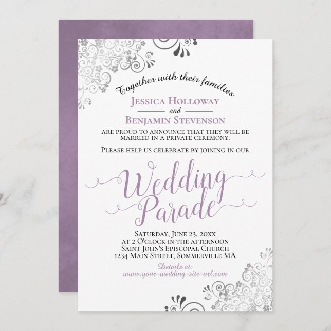 Elegant Lavender & Lacy Grey Wedding Parade Invitation (Front/Back)